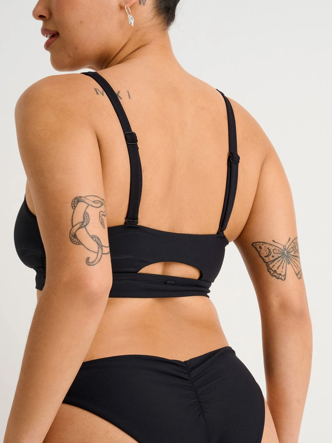 Black Recycled Rib Crop Open Back Bikini Top - Image 5
