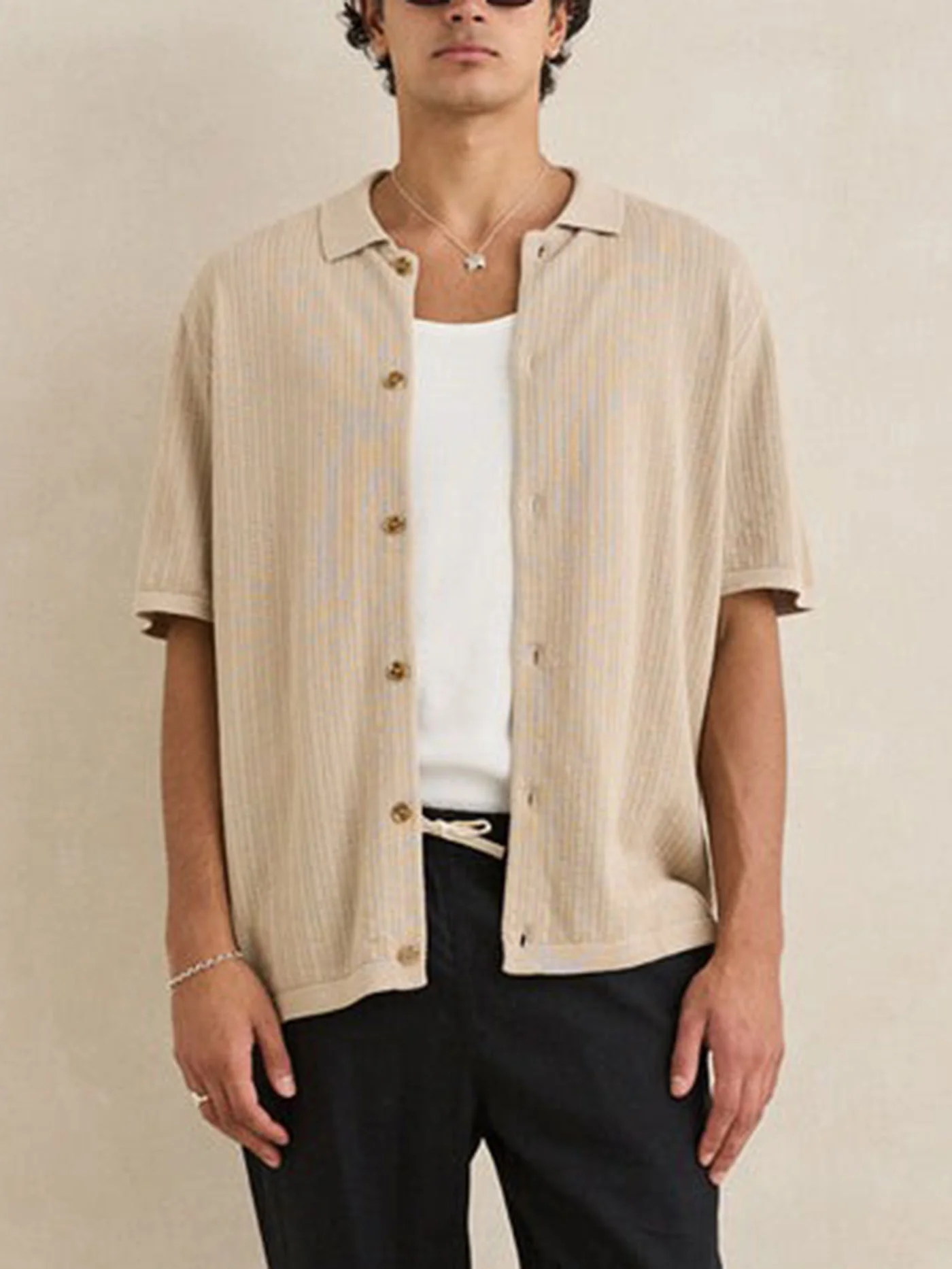 Textured Knit Short Sleeve Buttondown Shirt